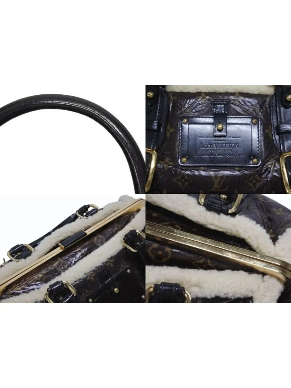 Louis Vuitton Monogram Shearling Storm Handbag Brown Patent Leather Sheepskin